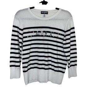 Karl Lagerfeld Paris Striped Sweater Womens‎ M White Black Eiffel Tower Pearl